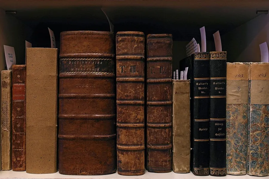 Eine Reihe Bücher in Leder- und Pappeinbänden aus "Beethovens Bibliothek".